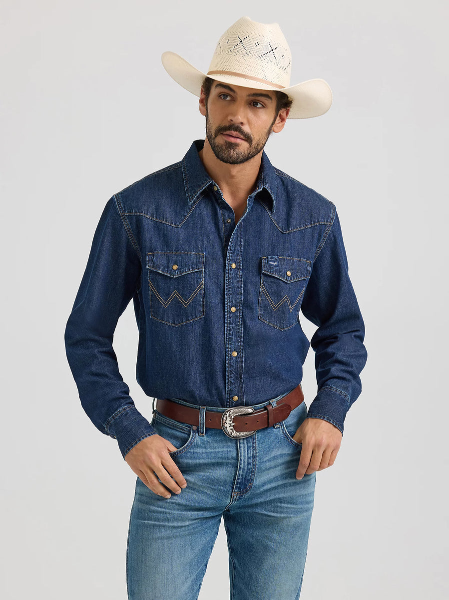 Wrangler Men's Classic Denim Western Snap Shirt - Dark Wash Denim