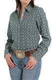 Cinch Women's Turquoise with Green Geo Print Long Sleeve Shirt MSW9165029