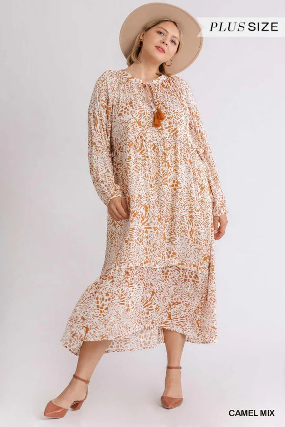 Umgee Womens Animal Print Long Sleeve Ruffled Maxi Dress - Camel Mix   WA6744