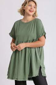 Umgee Womens Linen Blend Square Neckline Short Sleeve Tunic Dress   A6811/WA6811