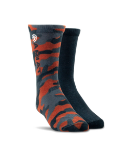 Ariat Boys Graphic Crew Socks 2PR Pack - Orange/Black   10047874 / AR3775-981