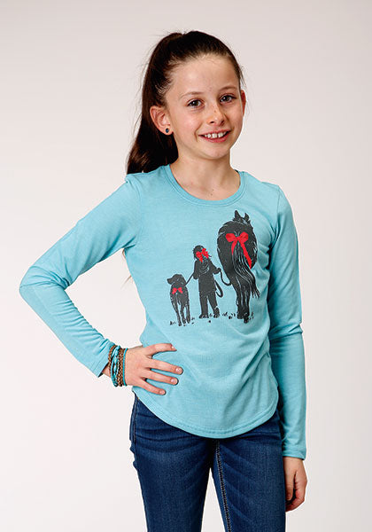 Roper Girls Blue Jersey Dog/Girl/Horse Screen Print Shirt    03-009-0513-61133 BU