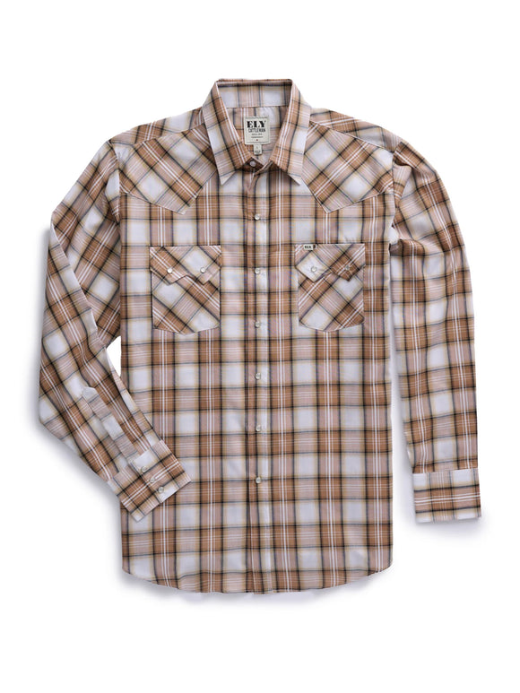 Ely Mens Cattleman Long Sleeve Plaid Western Snap Shirt- Khaki - 2029255-KA