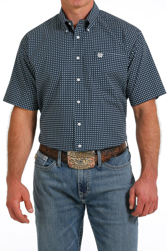 Cinch Mens Geometric Print Button-Down Short Sleeve Shirt - Navy/Turquoise   MTW1111431