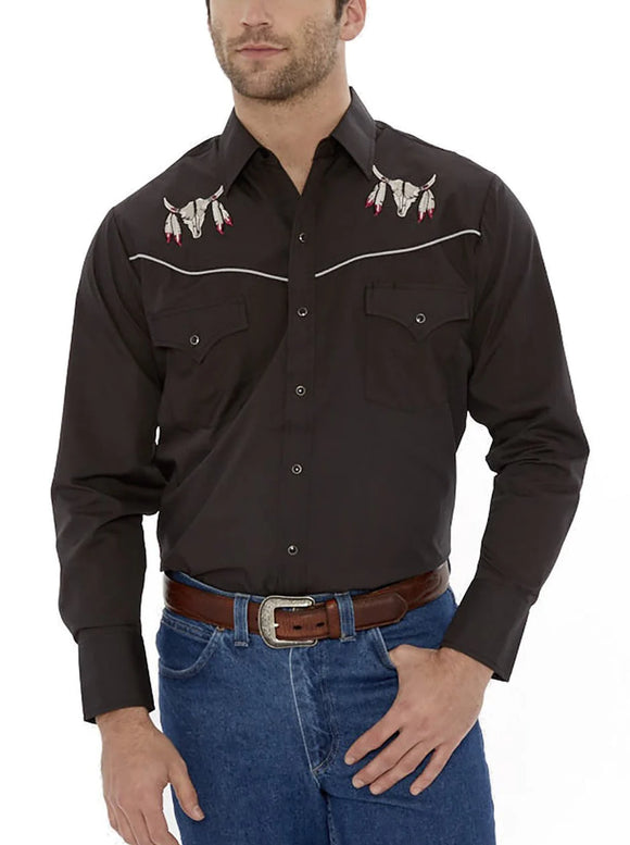 Ely & Walker Mens Long Sleeve Western Shirt with Cow Skull Embroidery   15203919-89