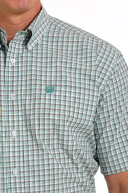Cinch Mens Plaid Button-Down Short Sleeve Shirt - WH/TEAL