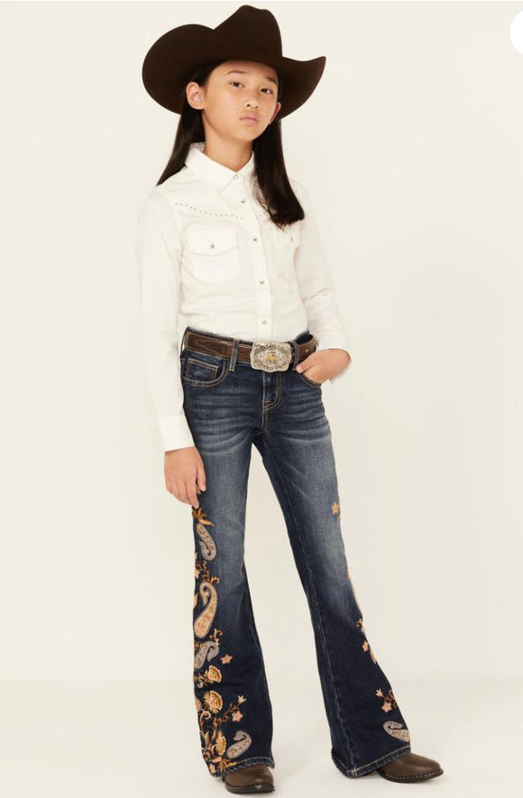 Grace In La Girls Dark Wash Mid Rise Paisley Embroidered Flared Jeans   GL51836