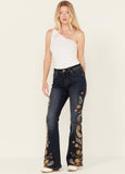 Grace In La Womens Dark Wash High Rise Paisley Embroidered Flare Jeans    HL51836