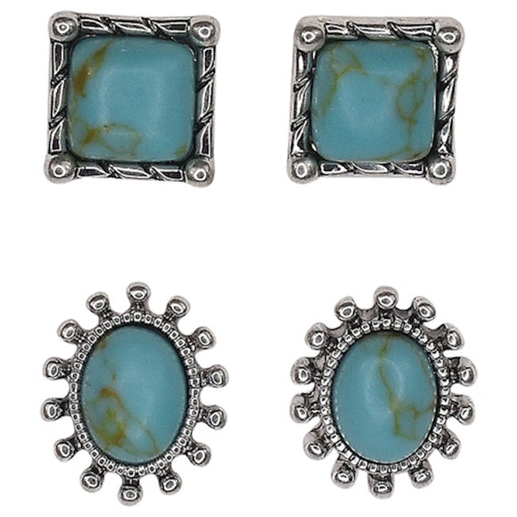 Justin Earring 2 Pair Square And Oval Framed Turquoise Colored Stone  24026EJ1