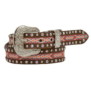 Angel Ranch Girls Brown Belt By M&F with Silver Studs and Pink Print Fabric Inlay DA5222