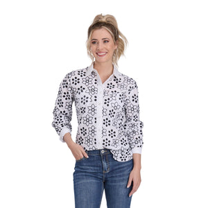 Roper Womens Long Sleeve Black & White Eyelet/Embroidered Shirt  03-050-0565-2092