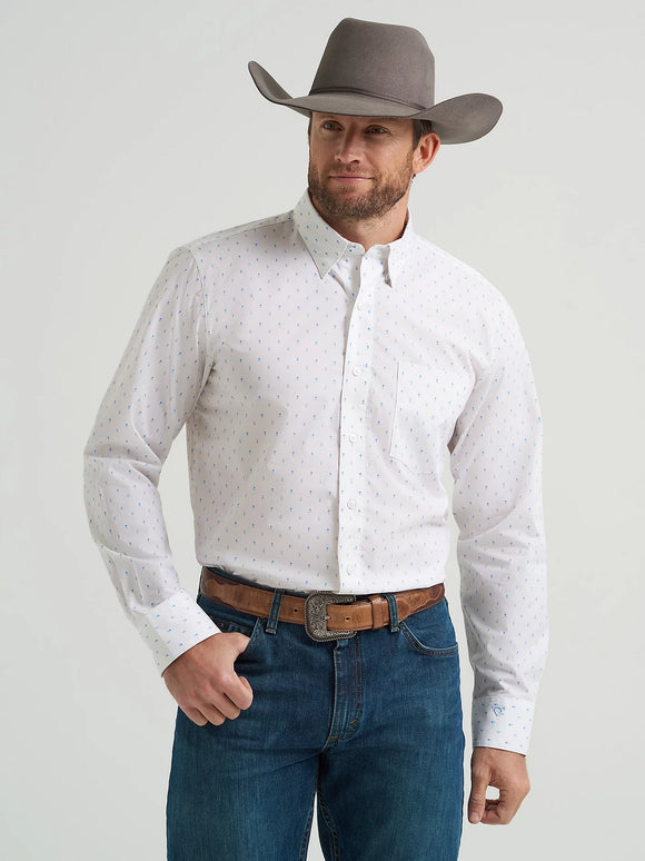 Wrangler Men's Cody Johnson One Pocket Button Down Shirt-White Ditsy Print   112368022