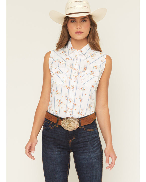 Ely & Walker Womens Floral Stripe Sleeveless Pearl Snap Western Shirt  325002-WH