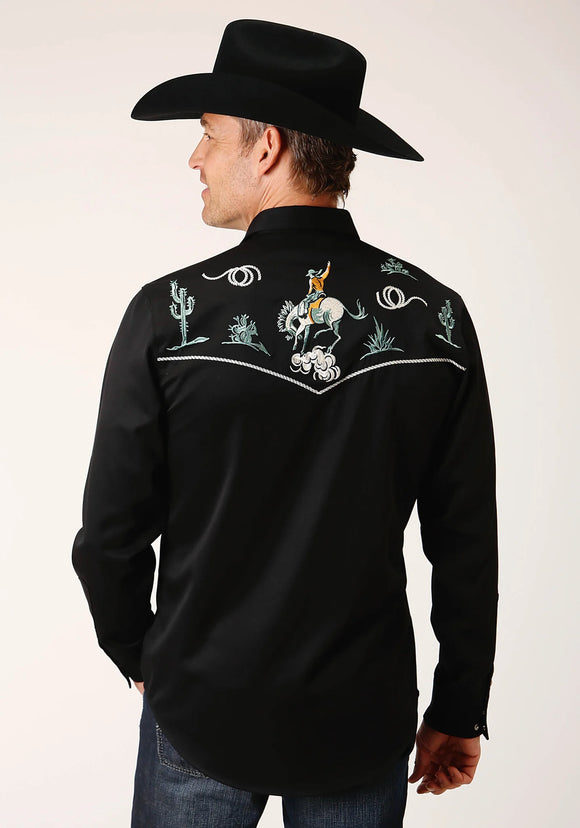 Roper Mens L/S Tonal Lasso Black Embroidery Shirt      03-001-0040-0677