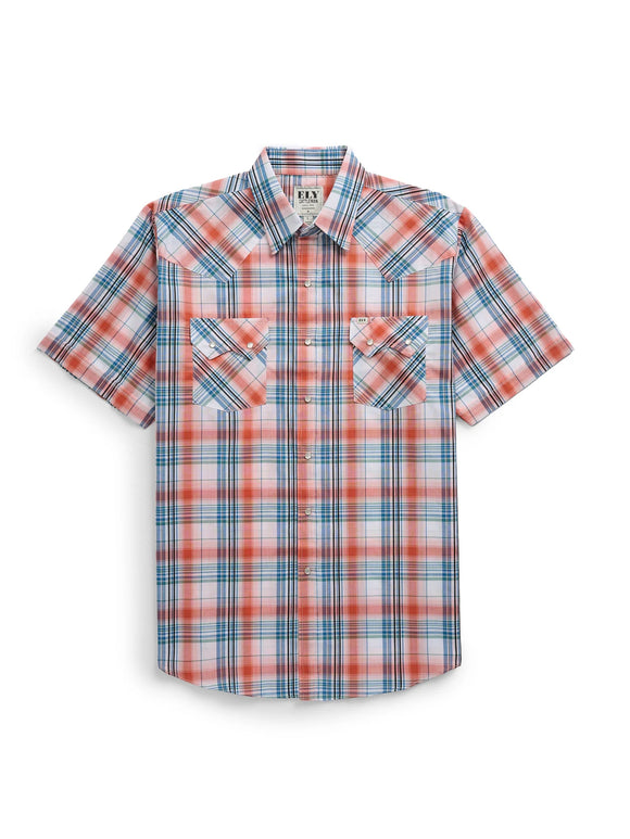 Ely Cattleman Men's Short Sleeve Plaid Snap Shirt- Melon & Navy  2026283-ME/2026283-NV