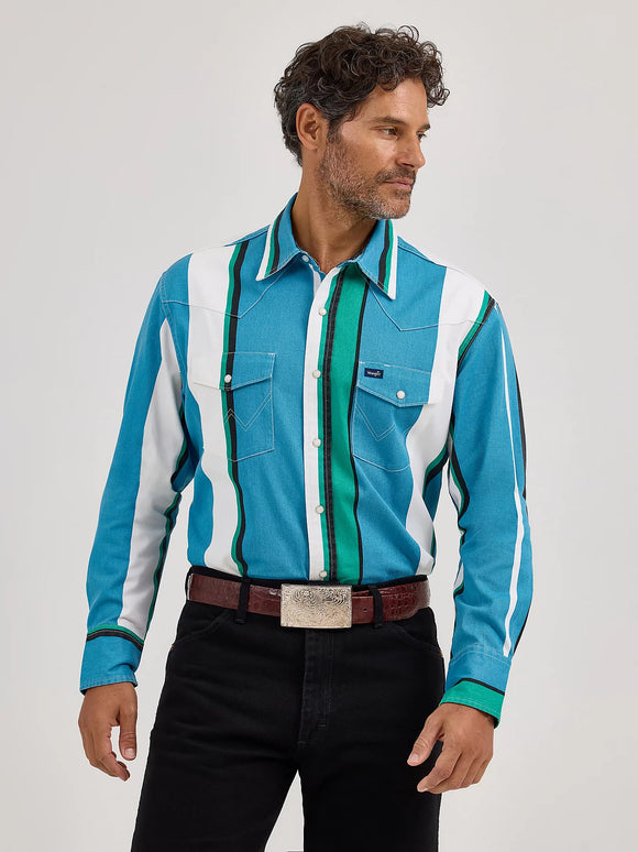 Wrangler Men's Vintage-Inspired Brushpopper Snap Workshirt - Azure Stripe  112368191