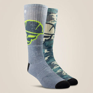 Ariat Men's Roughneck Graphic Crew Work Sock 2 Pair Multi Color Pack - Grey/Green