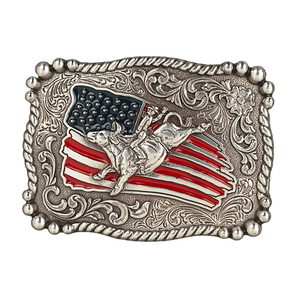 M&F Nocona Youth Rectangle Distressed Flag American Bull Rider Belt Buckle    36107