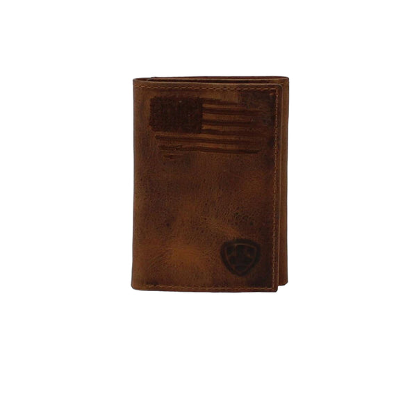 Ariat Trifold Distressed Stitched USA Flag Shield Logo - Brown        A3545402