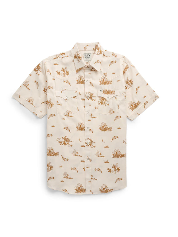 Ely Cattleman Men's Short Sleeve Cowboy Print Snap Shirt - Ecru      2023116-EC