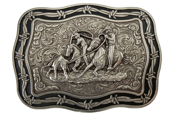 M&F Crumrine Silver Team Roper Barb Wire Accent Rectangle Belt Buckle      38679
