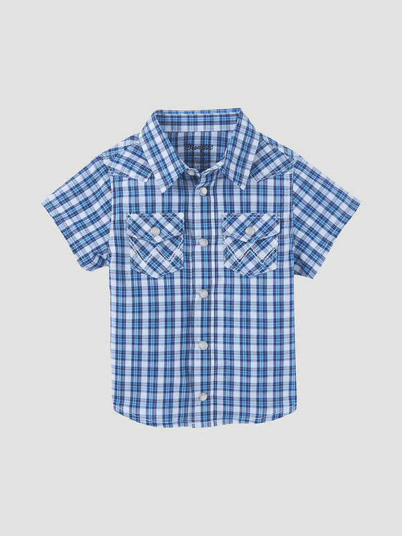 Wrangler Little Boy Short Sleeve Western Snap Shirt - Blue Checks  112346300