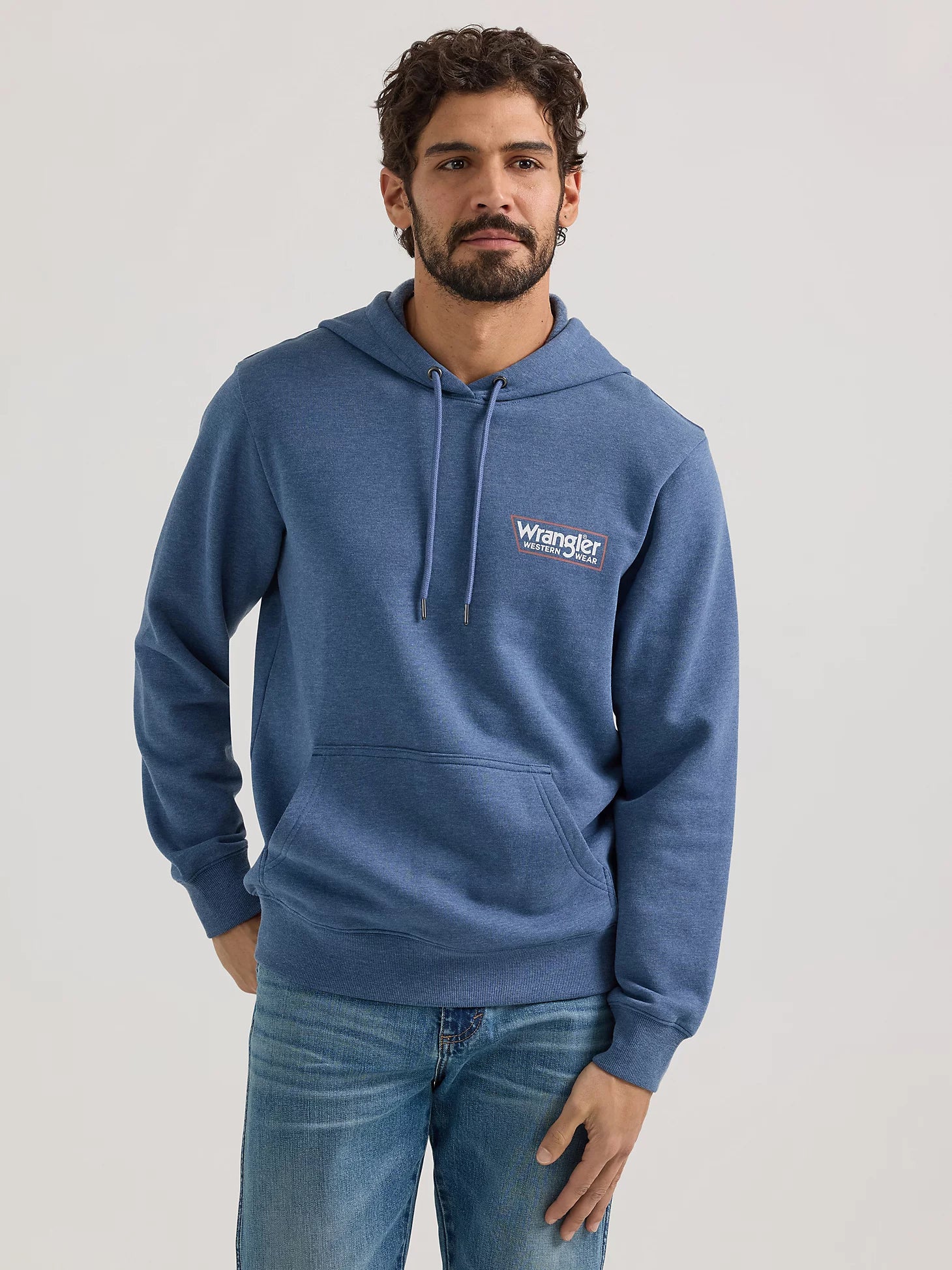 Classic Mens Wrangler Logo Tag Pullover Hoodie in Dark Denim