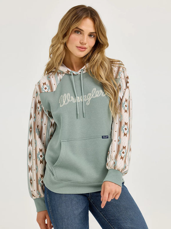 Wrangler Women's Logo Southwestern Yoke Pullover Hoodie - Green   112367330
