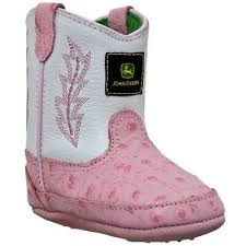 John Deere Johnny Poppers Girls White And Pink Ostrich Print Crib Boots  JD0171