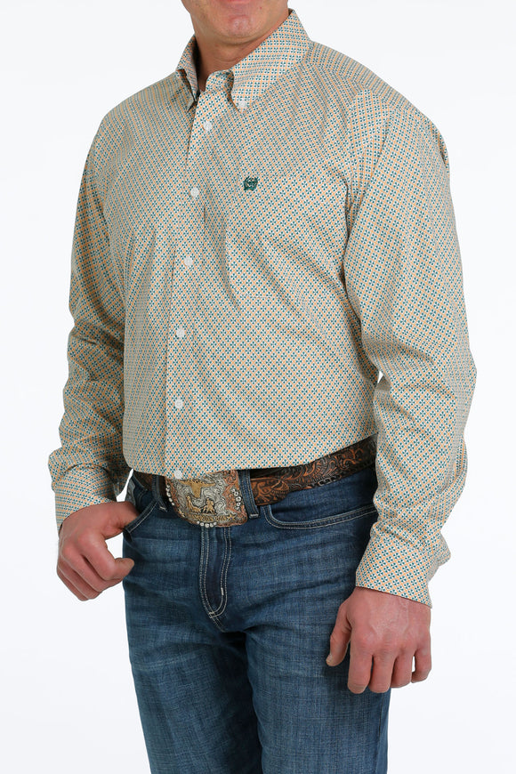 Cinch Mens Long Sleeve Print Western Shirt - Stretch - White/Green/Orange  MTW1105557