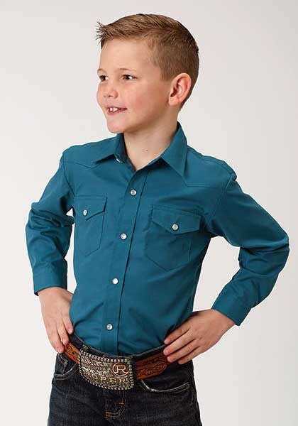 Roper Boys Long Sleeve Patch Snap Solid Blue Western Shirt  130-025-110BU