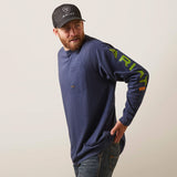 Ariat Mens Cotton Strong Long Sleeve Tee Shirt - Navy Heather/Lime   10032968