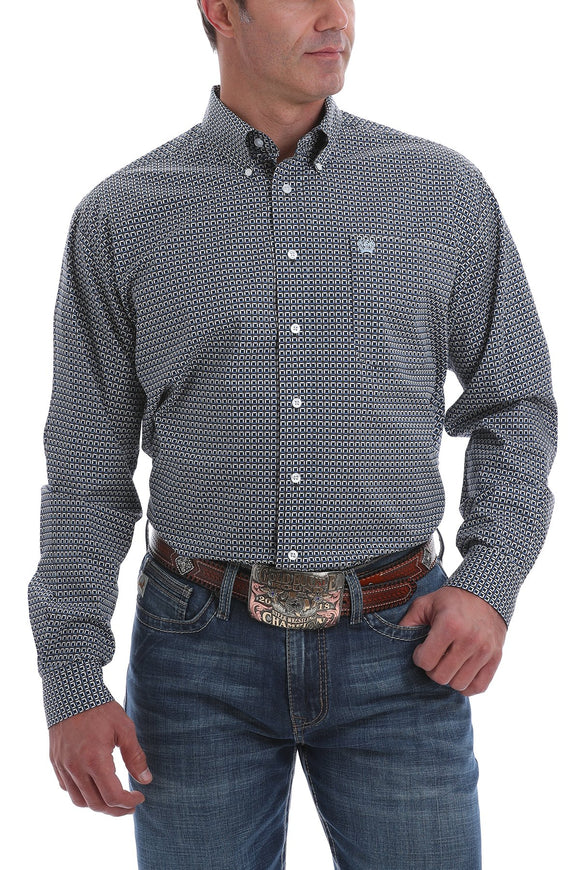 Cinch Mens Blue, White And Brown Geometric Print Button-Down Shirt  MTW1105096