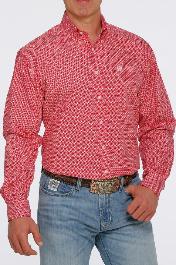 Cinch Mens Geometric Print Button-Down Western Shirt - Red / White  MTW1105396