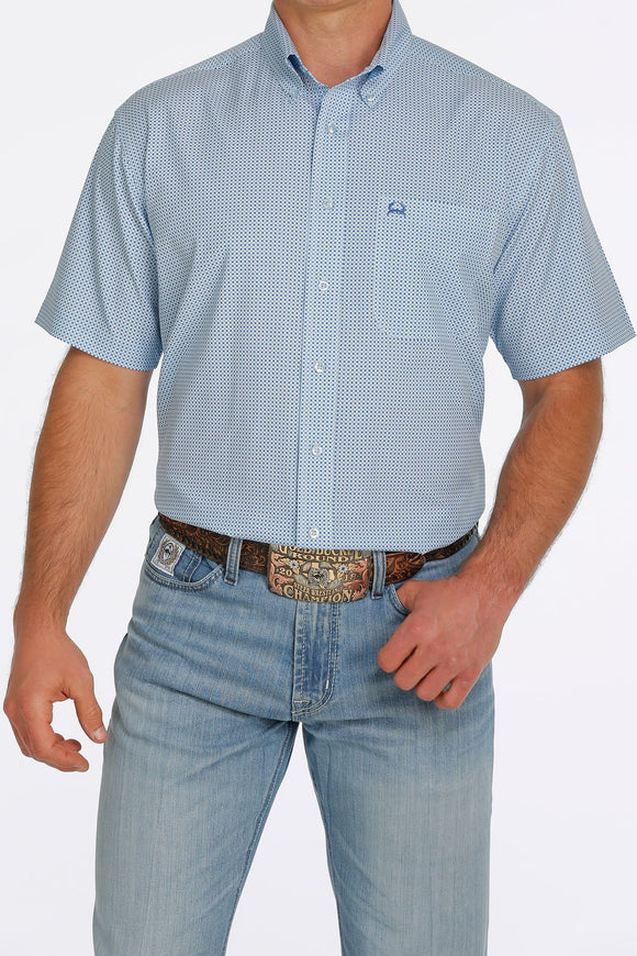 Cinch Mens Dot Print Short Sleeve Arenaflex Button-Down Shirt - Light Blue  MTW1704110