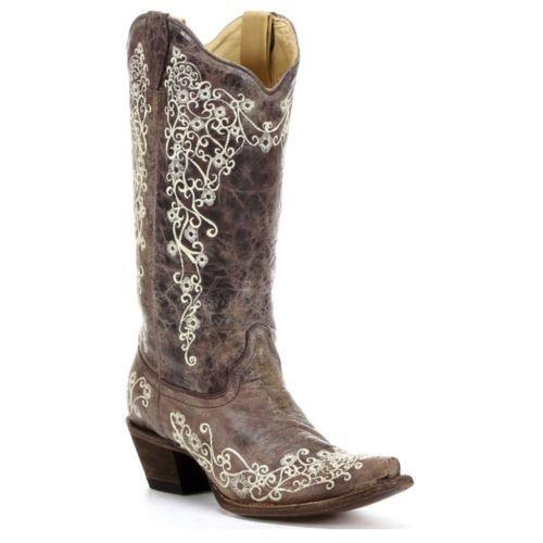 Corral Womens Lisa Snip Crater Bone Embroidery Western Boots A1094