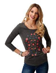 Roper Womens Heather Gray With Floral Embroidery Long Sleeve Knit Top  03-038-0513-7056 GY