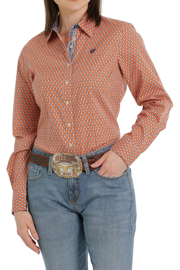 Cinch Womens Button-down Western Shirt - Orange/Cream     MSW9165028