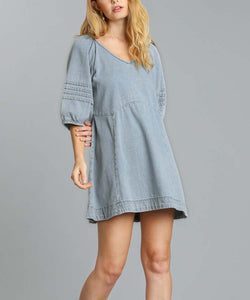 Umgee Womens Half Puff Sleeve V-Neck Denim Dress With Back String Tie  J4123