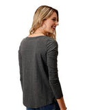 Roper Womens Heather Gray With Floral Embroidery Long Sleeve Knit Top  03-038-0513-7056 GY