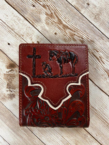 MFG-DIRECT Mens Brown Praying Cowboy w/ Beige Border & Fl Emb Bi-fold Wallet 9001-1BR
