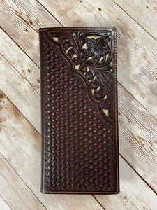 MFG-DIRECT Mens Coffee Basketweave /Floral Design Corner w/ Beige Inlay Wallet 6094-1CF