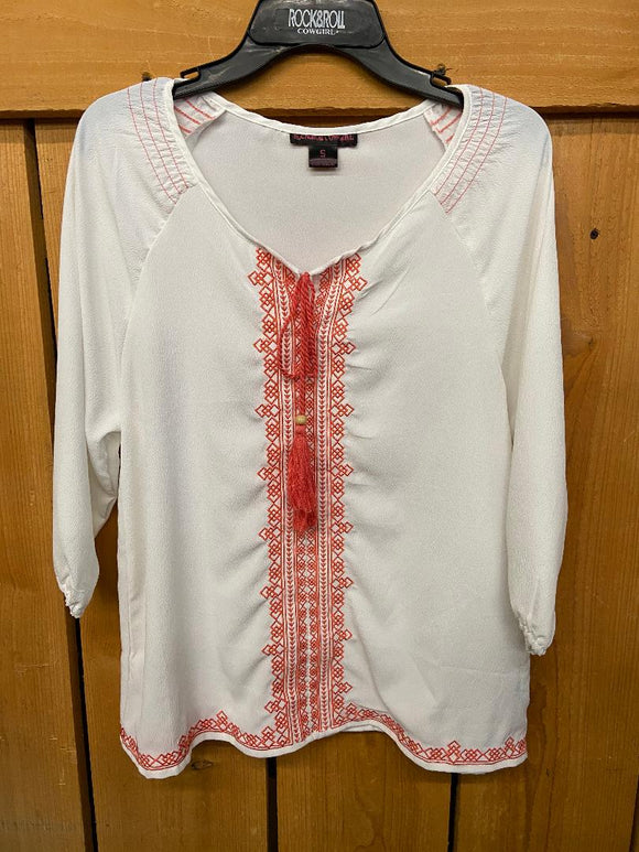Rock And Roll Cowgirl Womens White With Coral Embroidery Shirt B4-6387