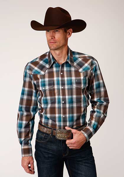 Roper Mens Country Teal Chocolate Plaid Western Shirt   03-001-0278-7021 BR