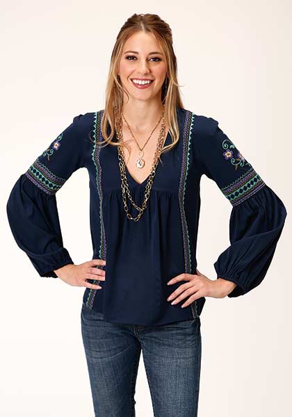 Roper Womens L/S Shirt Embroidery/Applique/Novelty V Neck Top  03-050-0565-7040 BU