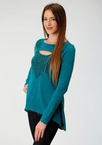 Roper Womens Turquoise Long Sleeve Knit Top  338-513-729 BU