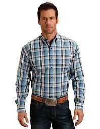 Stetson Mens Long Sleeve Blue Plaid Button Front Shirt  11-001-0579-1011 BU